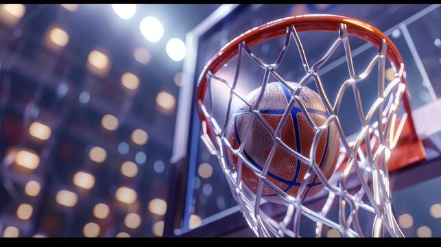 Basketball ball in the net, close up image