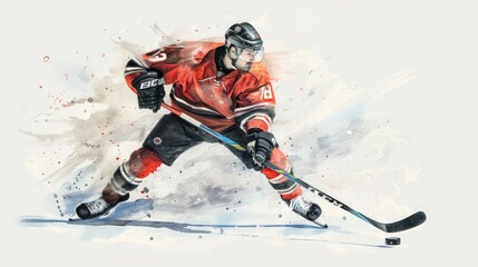 Professional hockey player in action, players sliding on ice arena, cartoon illustration