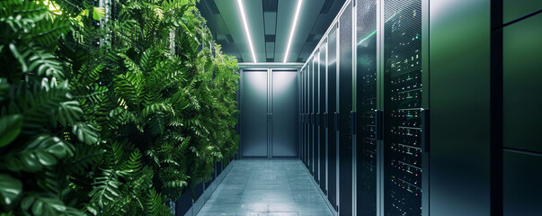 A large-scale data center fueled by sustainable energy sources, showcasing the integration of technology and environmental stewardship. - obrazy, fototapety, plakaty