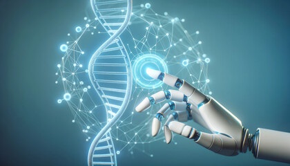 AI Robot in Medical Research: DNA Sequencing and Genetic Science in Future Healthcare and Pharmaceutical Industry. Robotic Hand and DNA Helix, Advanced Genetic Research, Manipulation or Analysis.