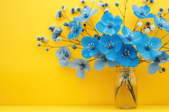 Blue gipsofila flowers on yellow background. Ukrainian symbol background