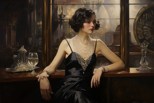 painting of a 1920s flapper woman at a speakeasy bar