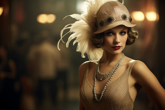 vintage photo of a 1920s flapper woman wearing a feather hat