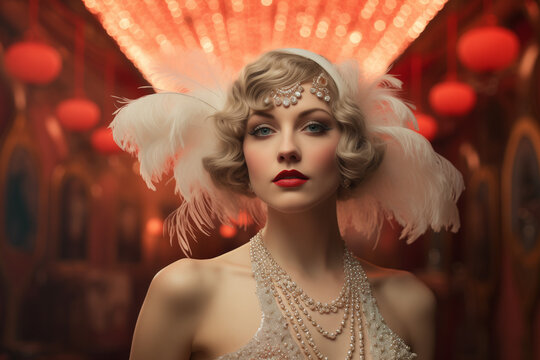 photo of a 1920s flapper woman wearing a feather hat in front of red background