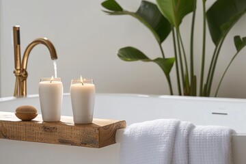 Fototapeta na wymiar Candle and towels at wooden shelf over contemporary tub