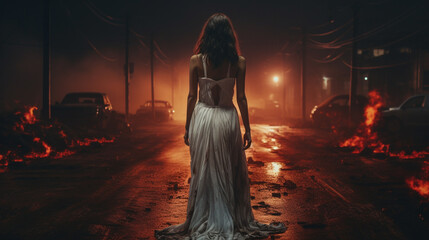Apocalypse scene a woman in white dress standing alone in the dark flaming destroyed city - obrazy, fototapety, plakaty