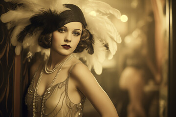 vintage photo of a 1920s flapper woman wearing a feather hat