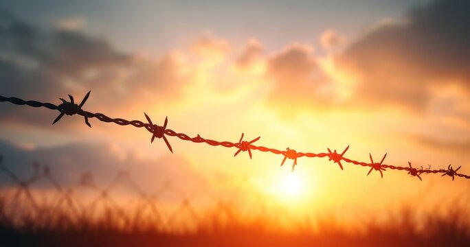 barbed wire broken at sunset background