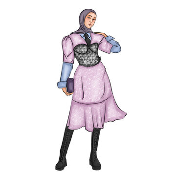 Fashion illustration. Sketch of modest fashion illustration. feminime style