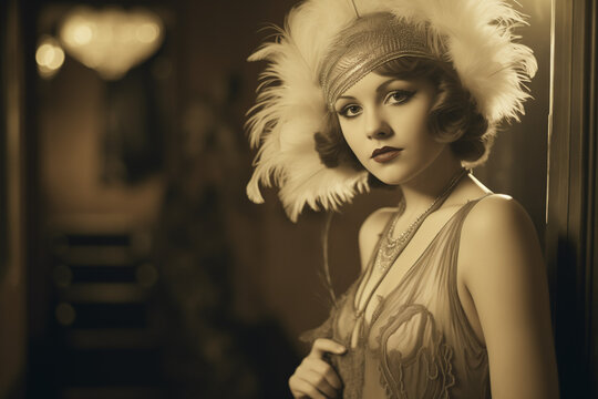 vintage photo of a 1920s flapper woman wearing a feather hat