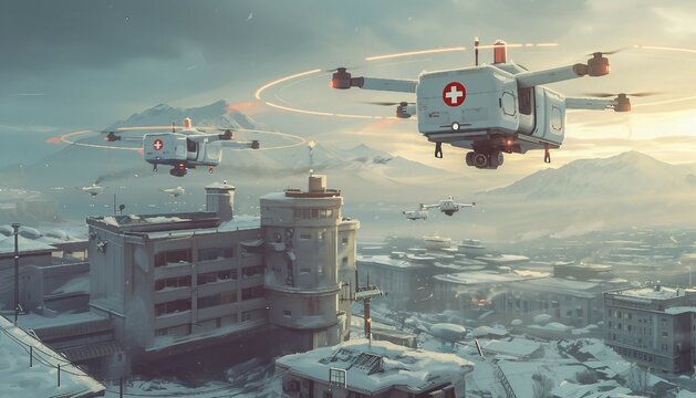 Autonomous Healthcare Delivery Drones, the role of autonomous drones in healthcare delivery with an image showing drones transporting medical supplies or conducting aerial medical missions, AI 