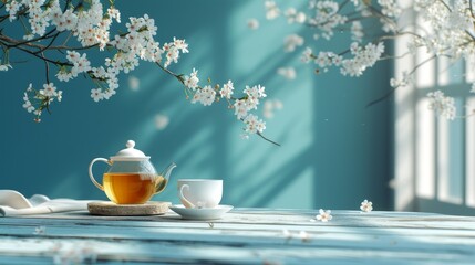 Cup of tea and teapot with cherry blossom on blue background - obrazy, fototapety, plakaty