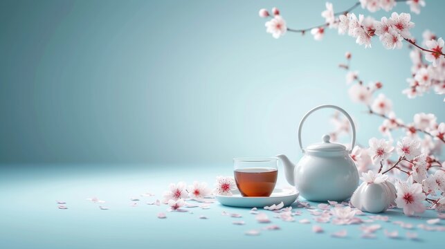 Cup of tea and teapot with cherry blossom on blue background