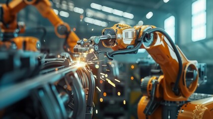 AI robot arms assembling a car part in car industry - obrazy, fototapety, plakaty