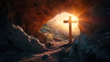 A sunlit cross in a cave. Symbol of hope and faith in Jesus Christ resurrection