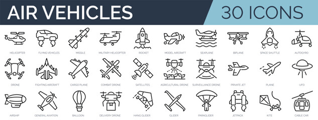 Set of 30 outline icons related to air vehicles. Linear icon collection. Editable stroke. Vector illustration
