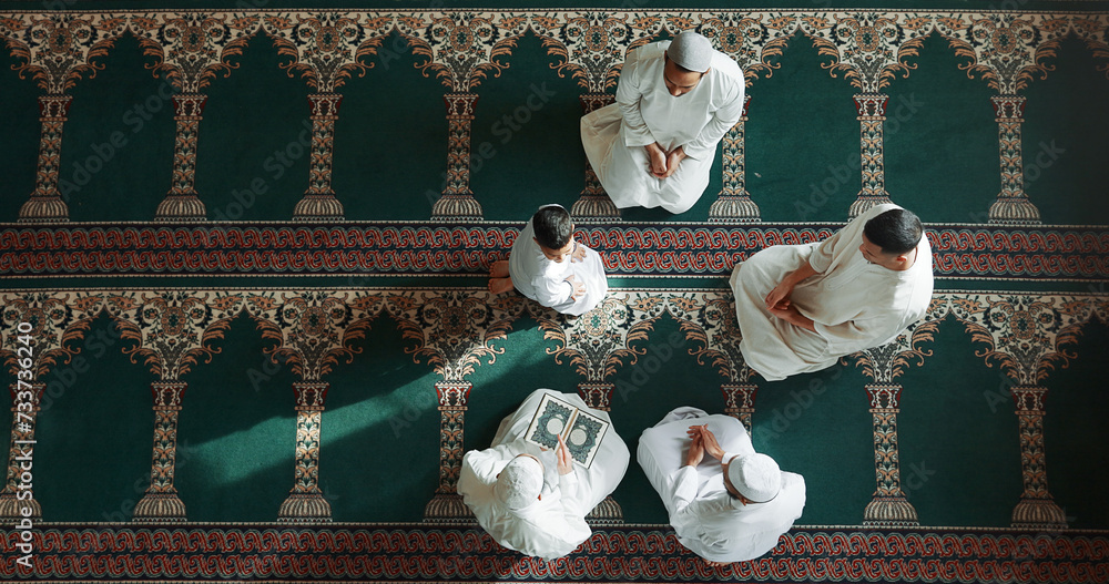 Wall mural Islamic prayer, worship and men in mosque with child, mindfulness and gratitude in faith from above. Love, religion and Muslim people together in holy temple for praise, spiritual teaching and peace. - Wall murals