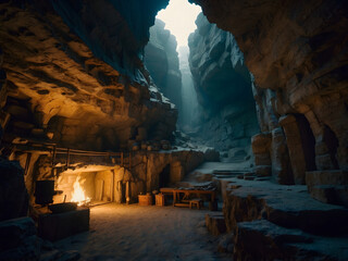Fantasy hidden ancient cave in tilt shift photography style - obrazy, fototapety, plakaty