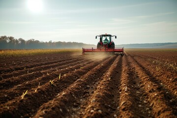 Obraz premium Tractor with seeder sowing crops at soybean farm