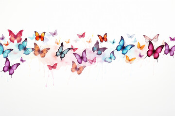 A group of butterflies flying through the air on a white