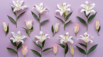 pink lilies stand out against a rich purple backdrop, their trumpet-shaped blooms reaching towards the light