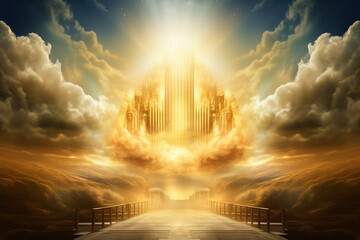 The throne of god that comes from heaven with bright light behind.