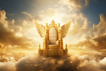 The throne of god that comes from heaven with bright light behind. - obrazy, fototapety, plakaty