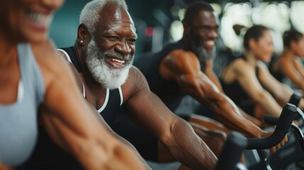 Happy men and women exercising together in the gym, diversity - obrazy, fototapety, plakaty