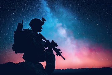Silhouette of a military soldier with a starry sky
