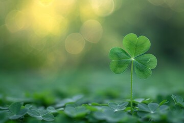 Fresh clover leaf , three-leaved shamrock, with blurred green background. Happy St. Patrick's Day. Selective focus, clover leaves is symbolic of fourth luck.