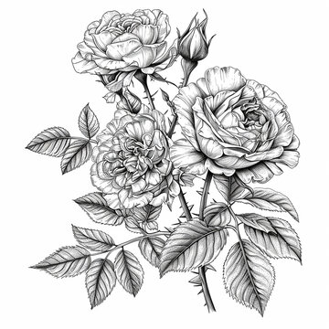 Hand drawn sketch of rose flowers. Coloring page. Black and white vector illustration.