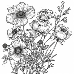 Anemone flowers sketch engraving vector illustration. Coloring page. Scratch board style imitation. Black and white hand drawn image.