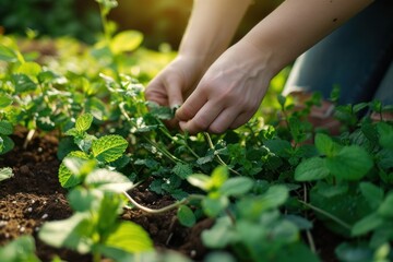 Naklejka na ściany i meble Picking mint in a sunny garden