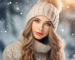 Beautiful young woman in winter chlotes and christmas background