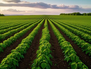 Fototapeta na wymiar Green field with rows of soybean plants
