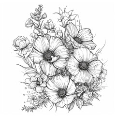 Beautiful monochrome floral bouquet with poppies. Coloring page. Hand drawn vector illustration.