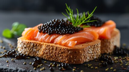Delicious black caviar sandwiches with salmon on a black background - obrazy, fototapety, plakaty