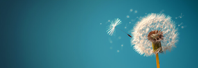 Banner Dandelion on light blue background copy space. Minimalism spring background. Dandelion seeds flying in the blue sky. Useful for spring themes or serenity, joy, freshness concepts. Space for