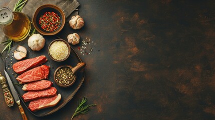Raw meat on a wooden cutting board with spices and herbs. Generative AI.