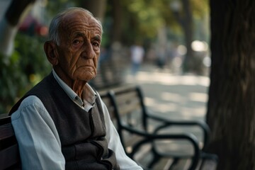 Fototapeta premium An elderly man sitting on a bench. Generative AI.
