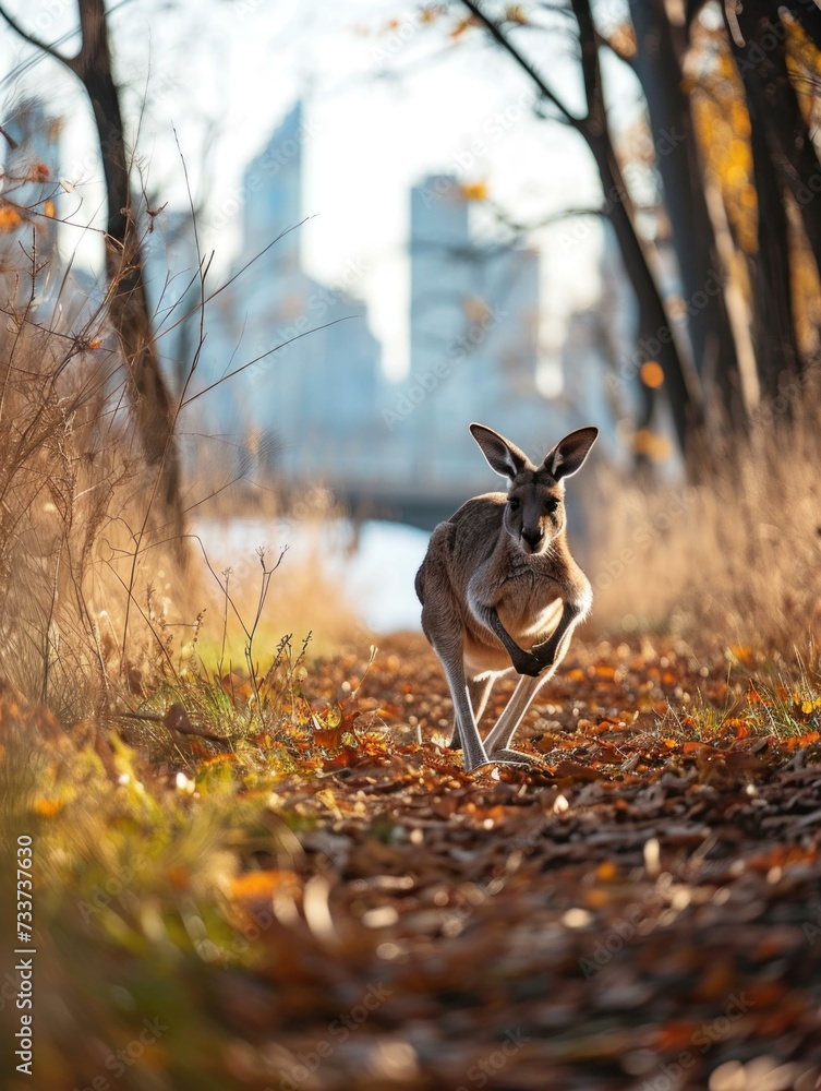 Poster a kangaroo running through the leaves on a path. generative ai.