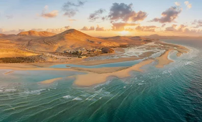 Foto op Plexiglas Sotavento Beach, Fuerteventura, Canarische Eilanden Playa de Sotavento at sunrise, Fuerteventura: a breathtaking aerial view of crystal-clear lagoons and sweeping sand dunes on this iconic Canary beach.