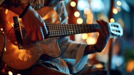 A person playing an acoustic guitar in front of a background of lights. Generative AI.