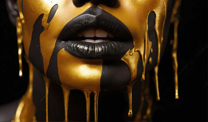 Close up face portrait with face art. Glamorous gold makeup, gold paint dripping down the woman's black face - obrazy, fototapety, plakaty