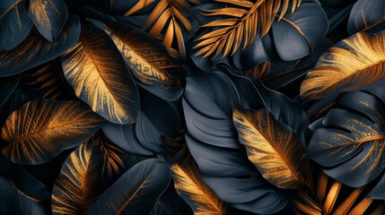 Exotic black and gold leaves with space