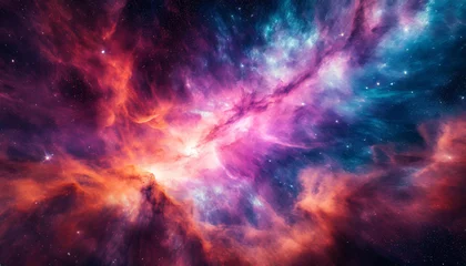 Fotobehang l'univers spatial autour de la terre, voyage interstellaire vers mars ou  galaxie d'étoiles, arrière-plan coloré rose, orange, bleu © -Y4NN-