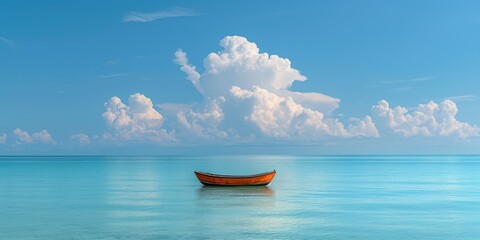 Small traditional fishing boat minimal on blue sea and sky clouds in summer season