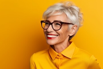 Portrait of happy senior woman in eyeglasses over yellow background