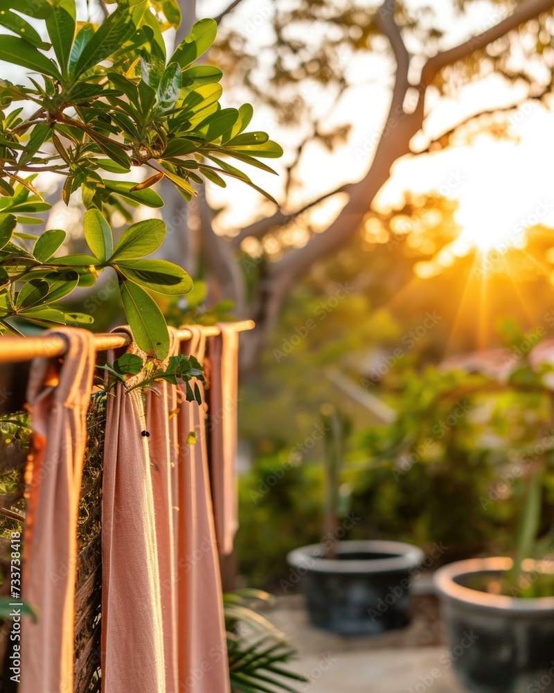 Sticker A pink cloth hanging from a clothesline at sunset. Generative AI.