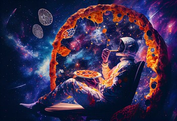Buddhist astronaught meditating in space with psychodelic pizza - trippy weird illustration - generative ai